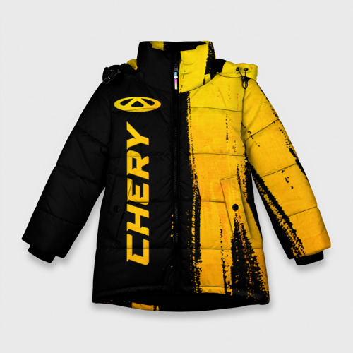 Зимняя куртка для девочек 3D с принтом Chery - gold gradient: по-вертикали, вид спереди #2