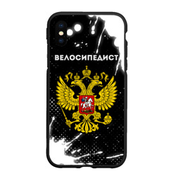 Чехол для iPhone XS Max матовый Велосипедист из России и герб РФ