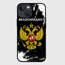 Чехол для iPhone 13 mini Велосипедист из России и герб РФ