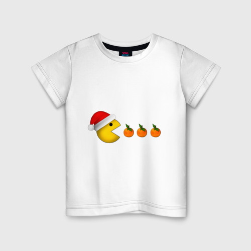 Детская футболка из хлопка с принтом Новогодний пэкмэн с мандаринами, вид спереди №1