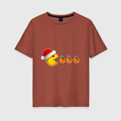 Женская футболка хлопок Oversize Новогодний пэкмэн с мандаринами