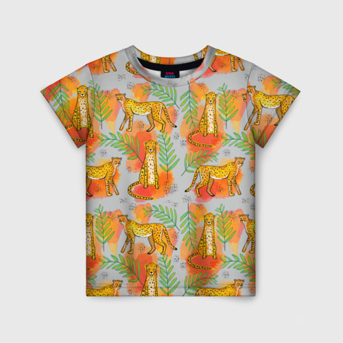 Детская футболка с принтом Дикие кошки тропический узор, вид спереди №1