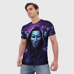 Мужская футболка 3D Отряд анонимусов в фиолетовом свете - фото 2