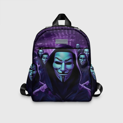 Детский рюкзак 3D с принтом Отряд анонимусов в фиолетовом свете, вид спереди #2