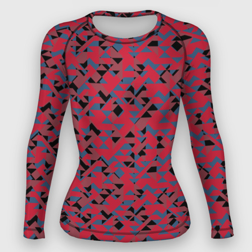 Женский рашгард 3D с принтом Черные и синие  треугольники на красном, вид спереди #2