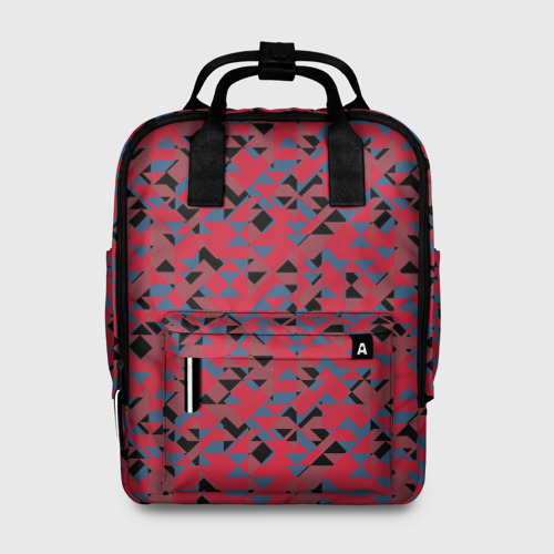 Женский рюкзак 3D с принтом Черные и синие  треугольники на красном, вид спереди #2