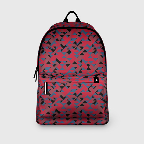 Рюкзак 3D с принтом Черные и синие  треугольники на красном, вид сбоку #3