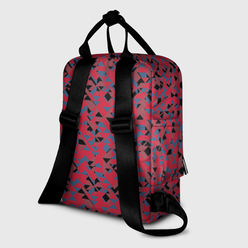 Женский рюкзак 3D с принтом Черные и синие  треугольники на красном, вид сзади #1
