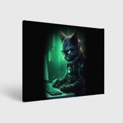 Холст прямоугольный Кот хакер в зеленом свете