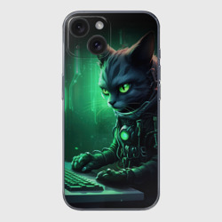 Чехол для iPhone 15 силиконовый с защитой камеры Кот хакер в зеленом свете