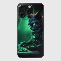 Чехол для iPhone 16 Pro силиконовый с защитой камеры Кот хакер в зеленом свете