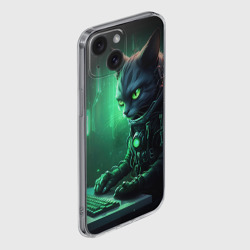 Чехол для iPhone 15 силиконовый с защитой камеры Кот хакер в зеленом свете - фото 2