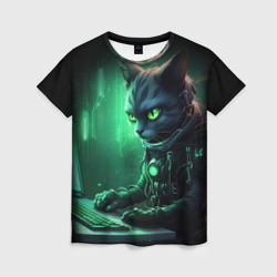 Женская футболка 3D Кот хакер в зеленом свете