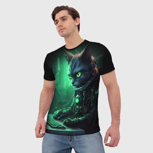 Мужская футболка 3D Кот хакер в зеленом свете, цвет 3D печать - фото 3