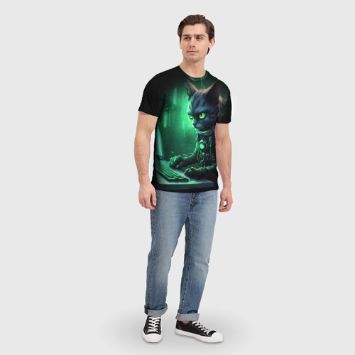 Мужская футболка 3D Кот хакер в зеленом свете, цвет 3D печать - фото 5