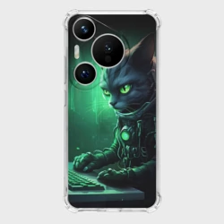 Чехол для Huawei Pura 70 Кот хакер в зеленом свете