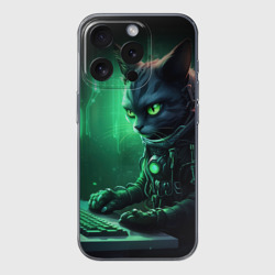 Чехол для iPhone 15 Pro силиконовый с защитой камеры Кот хакер в зеленом свете