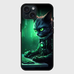 Чехол силиконовый для Apple iPhone 15 матовый Кот хакер в зеленом свете