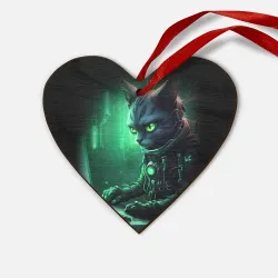 Деревянная игрушка Сердце Кот хакер в зеленом свете