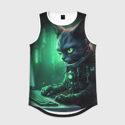 Мужская спортивная майка 3D Кот хакер в зеленом свете