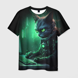 Мужская футболка 3D Кот хакер в зеленом свете