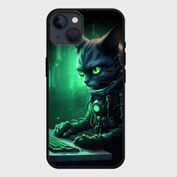 Чехол для iPhone 14 Кот хакер в зеленом свете