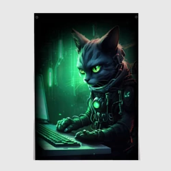 Постер Кот хакер в зеленом свете