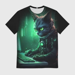 Мужская футболка 3D Кот хакер в зеленом свете