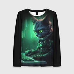 Женский лонгслив 3D Кот хакер в зеленом свете