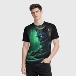 Мужская футболка 3D Кот хакер в зеленом свете - фото 2