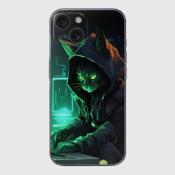 Чехол для iPhone 15 силиконовый с защитой камеры Кот хакер за ноутбуком