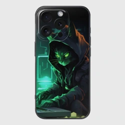 Чехол для iPhone 16 Pro силиконовый с защитой камеры Кот хакер за ноутбуком