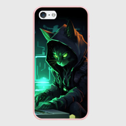 Чехол для iPhone 5/5S матовый Кот хакер за ноутбуком