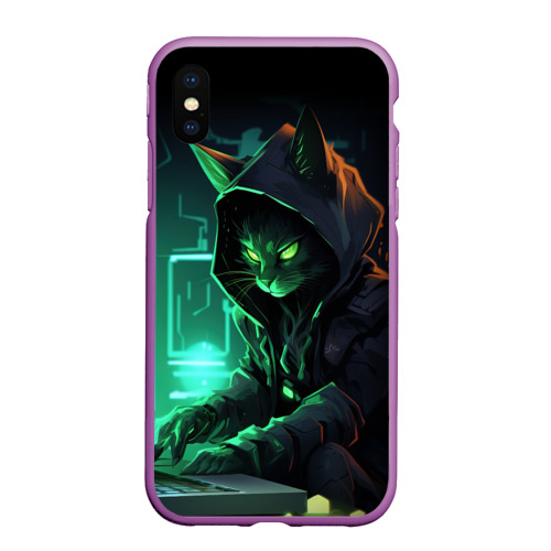 Чехол для iPhone XS Max матовый Кот хакер за ноутбуком, цвет фиолетовый