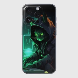 Чехол для iPhone 15 Pro Max силиконовый с защитой камеры Кот хакер за ноутбуком