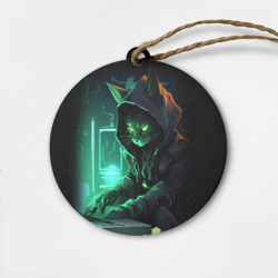 Деревянная игрушка круг Кот хакер за ноутбуком
