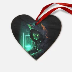 Деревянная игрушка Сердце Кот хакер за ноутбуком