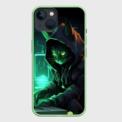 Чехол для iPhone 14 Кот хакер за ноутбуком