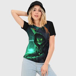 Женская футболка 3D Slim Кот хакер за ноутбуком - фото 2