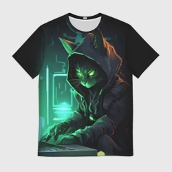Мужская футболка 3D Кот хакер за ноутбуком