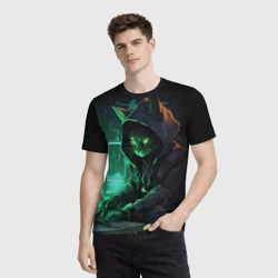 Мужская футболка 3D Кот хакер за ноутбуком - фото 2