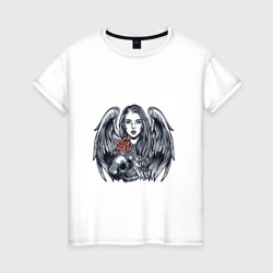 Женская футболка хлопок Татуировка ангел, череп и роза