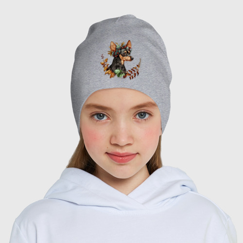 Детская шапка демисезонная Русский той-терьер с венком из осенних листьев, цвет меланж - фото 5