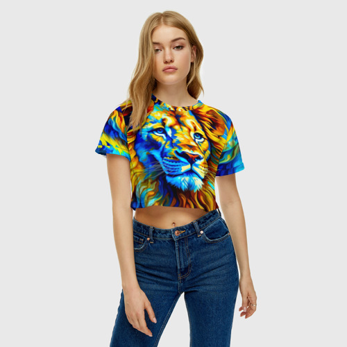 Женская футболка Crop-top 3D Голубоглазый Лёва, цвет 3D печать - фото 3
