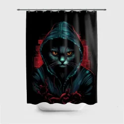 Штора 3D для ванной Кот в капюшоне хакер