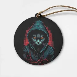 Деревянная игрушка круг Кот в капюшоне хакер