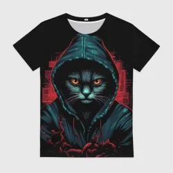 Женская футболка 3D Кот в капюшоне хакер