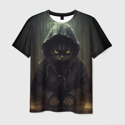 Мужская футболка 3D Кот   хакер в капюшоне