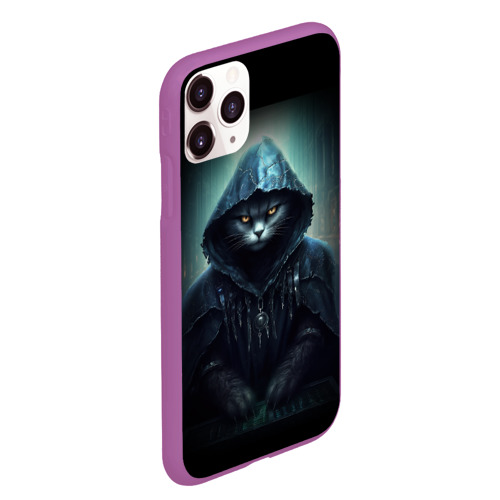 Чехол для iPhone 11 Pro Max матовый Кот  в капюшоне  хакер, цвет фиолетовый - фото 3