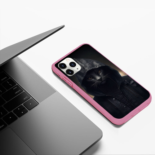 Чехол для iPhone 11 Pro Max матовый Черный кот хакер, цвет малиновый - фото 5